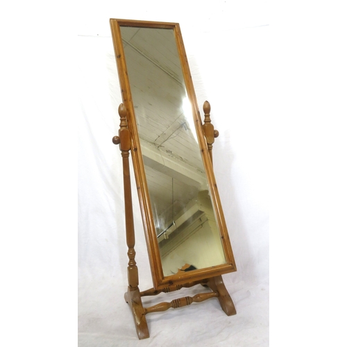 71 - Edwardian style pine framed cheval mirror with turned columns, on bracket feet