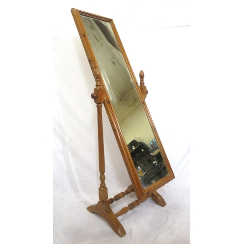 71 - Edwardian style pine framed cheval mirror with turned columns, on bracket feet