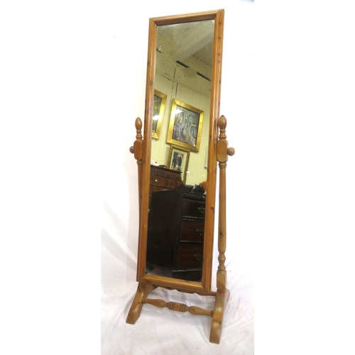 71 - Edwardian style pine framed cheval mirror with turned columns, on bracket feet