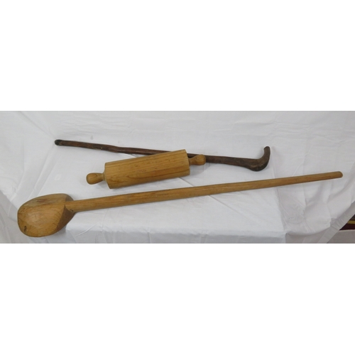 73 - Lot of kitchenalia, roller, ladle & walking stick