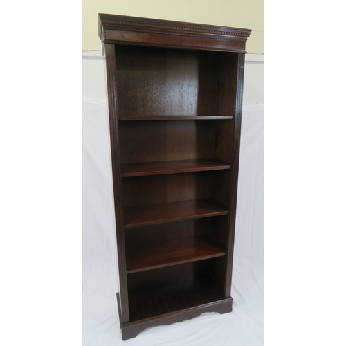 80 - Edwardian style tall open bookcase with dentil frieze, adjustable shelving, on bracket feet