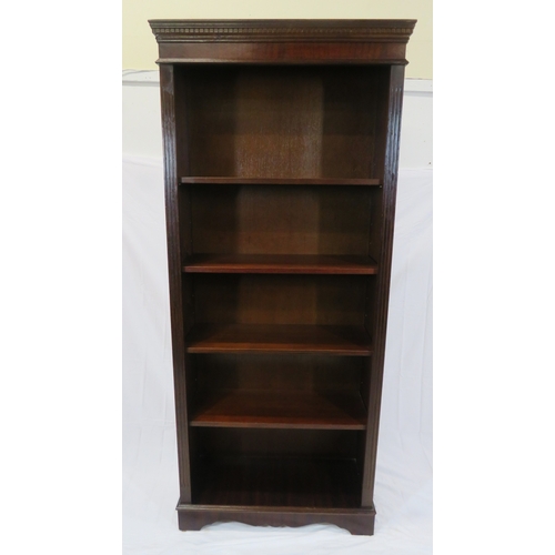 80 - Edwardian style tall open bookcase with dentil frieze, adjustable shelving, on bracket feet