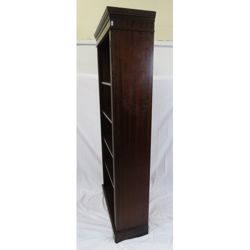 80 - Edwardian style tall open bookcase with dentil frieze, adjustable shelving, on bracket feet