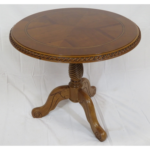 81 - Edwardian design inlaid round occasional table with rope edge border, twist turned column, on tripod