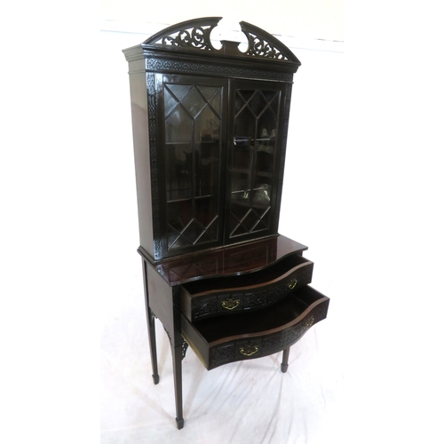 95 - Edwardian mahogany bookcase with domed pierced pediment, astragal glazed doors with shelved interior... 