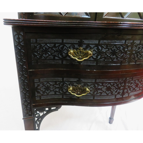 95 - Edwardian mahogany bookcase with domed pierced pediment, astragal glazed doors with shelved interior... 