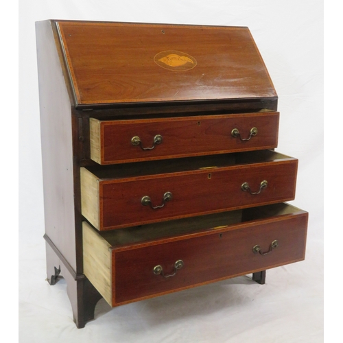 96 - Edwardian inlaid & crossbanded mahogany bureau with drop-down front, pull-out supports, fitted inter... 