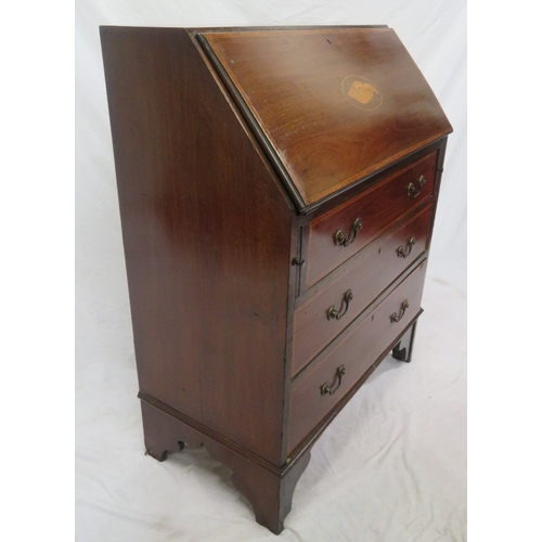 96 - Edwardian inlaid & crossbanded mahogany bureau with drop-down front, pull-out supports, fitted inter... 