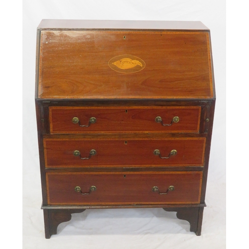 96 - Edwardian inlaid & crossbanded mahogany bureau with drop-down front, pull-out supports, fitted inter... 