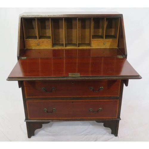 96 - Edwardian inlaid & crossbanded mahogany bureau with drop-down front, pull-out supports, fitted inter... 