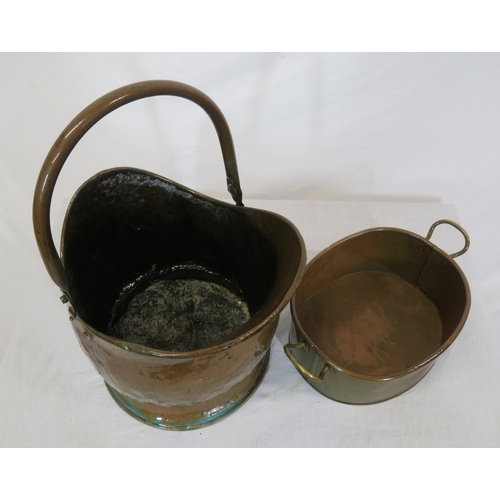 98 - Georgian style copper helmet shaped coal scuttle with shaped handle & an oval copper pot