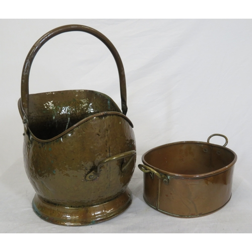 98 - Georgian style copper helmet shaped coal scuttle with shaped handle & an oval copper pot