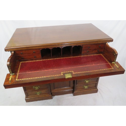 150 - Edwardian mahogany desk with pull-out bureau with drop down front and fitted interior, 10 side drawe... 