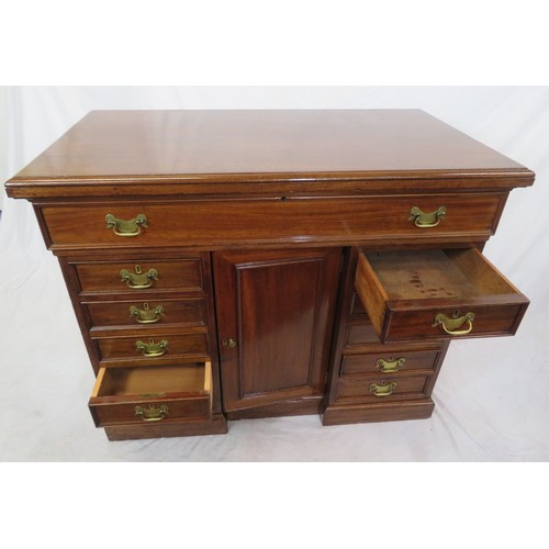 150 - Edwardian mahogany desk with pull-out bureau with drop down front and fitted interior, 10 side drawe... 