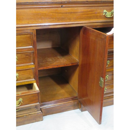 150 - Edwardian mahogany desk with pull-out bureau with drop down front and fitted interior, 10 side drawe... 