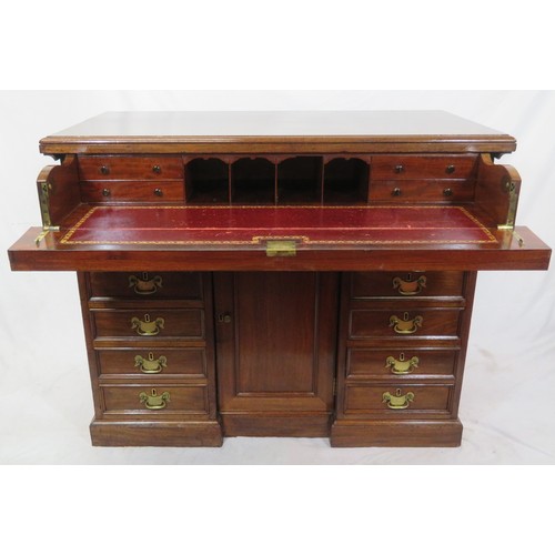 150 - Edwardian mahogany desk with pull-out bureau with drop down front and fitted interior, 10 side drawe... 