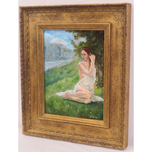 45 - George Oak 'Portrait of a girl in a meadow' oil on board 34x26cm signed