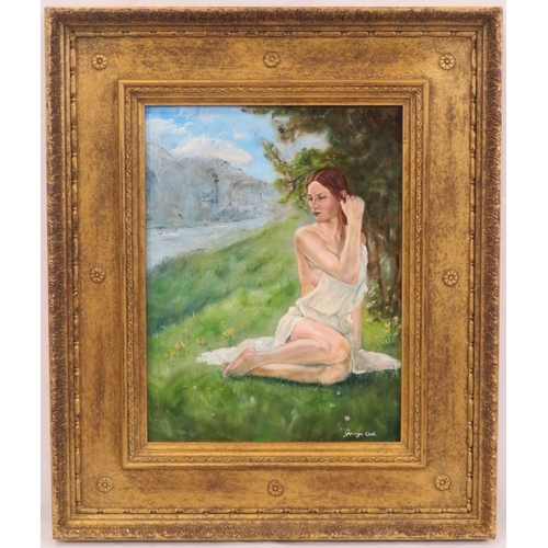45 - George Oak 'Portrait of a girl in a meadow' oil on board 34x26cm signed