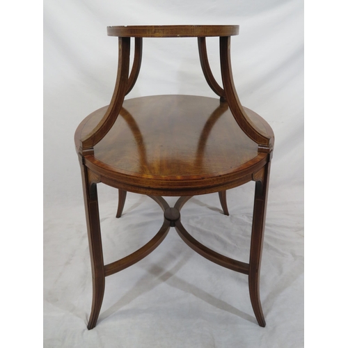 166 - Edwardian oval inlaid & crossbanded two tier serving or occasional table, with shaped columns, on sq... 