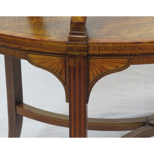 166 - Edwardian oval inlaid & crossbanded two tier serving or occasional table, with shaped columns, on sq... 