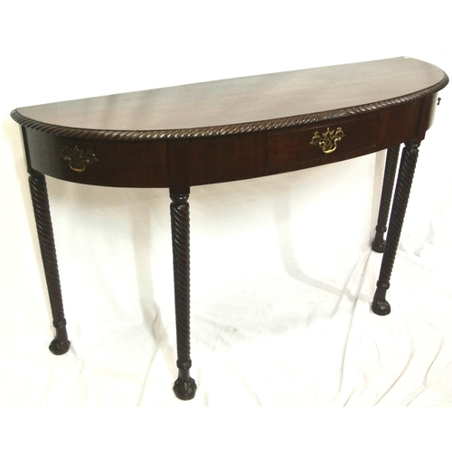 180 - Irish Regency style mahogany demi-lune hall or side table with rope-edge border, bow fronted drawer ... 