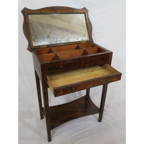 316 - Edwardian inlaid mahogany & rosewood work table with serpentine sides, mirrored lift-up lid, section... 