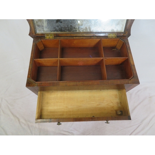 316 - Edwardian inlaid mahogany & rosewood work table with serpentine sides, mirrored lift-up lid, section... 