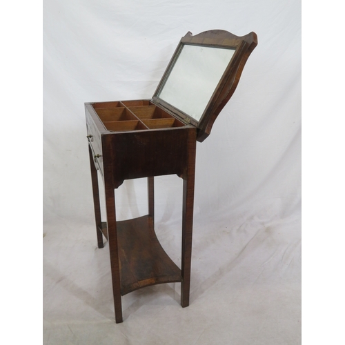 316 - Edwardian inlaid mahogany & rosewood work table with serpentine sides, mirrored lift-up lid, section... 