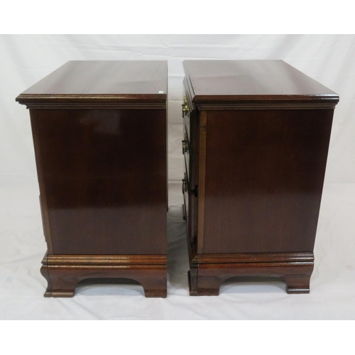 101 - Pair of mahogany side chests of three drawers with brass drop handles & pierced escutcheons, on brac... 