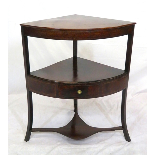 106 - Georgian mahogany bow fronted two tier corner whatnot with drawer, shaped legs & stretcher