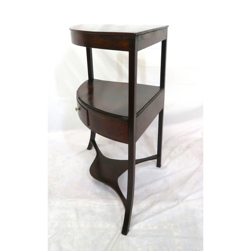 106 - Georgian mahogany bow fronted two tier corner whatnot with drawer, shaped legs & stretcher