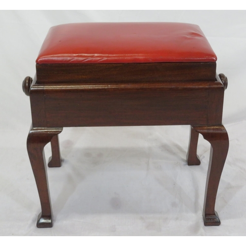 109 - Victorian mahogany stool with leatherette adjustable top, on cabriole legs