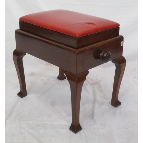 109 - Victorian mahogany stool with leatherette adjustable top, on cabriole legs