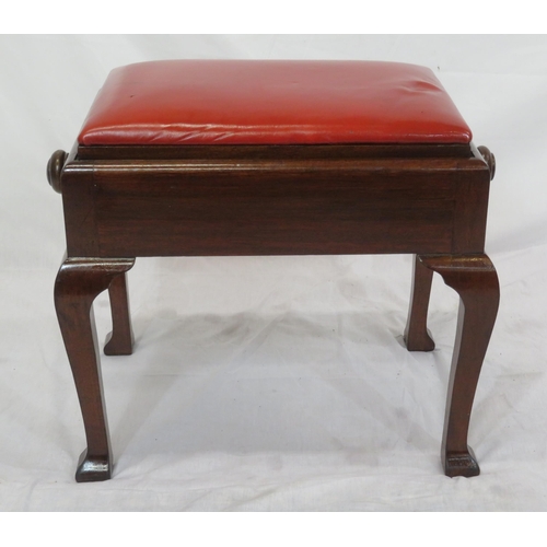 109 - Victorian mahogany stool with leatherette adjustable top, on cabriole legs