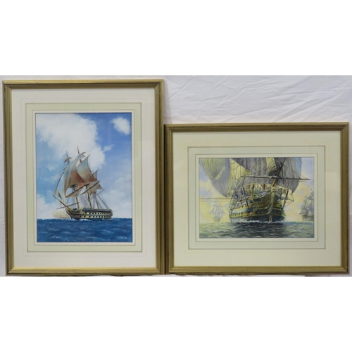 11 - David Brindley 'Royal Navy men of war frigates' a pair of watercolours 38x28cm & 24x34cm