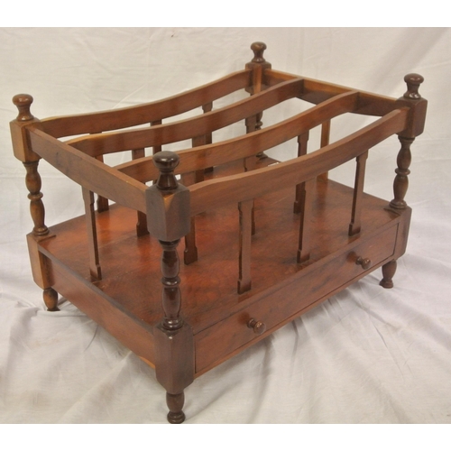 119 - Victorian walnut canterbury with shaped rails, turned columns & frieze drawer