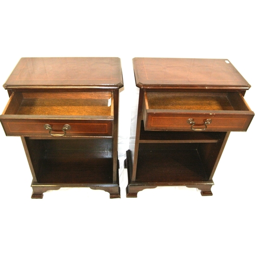 126 - Pair of inlaid mahogany bedside presses with frieze drawers, drop handles, adjustable shelving, on b... 