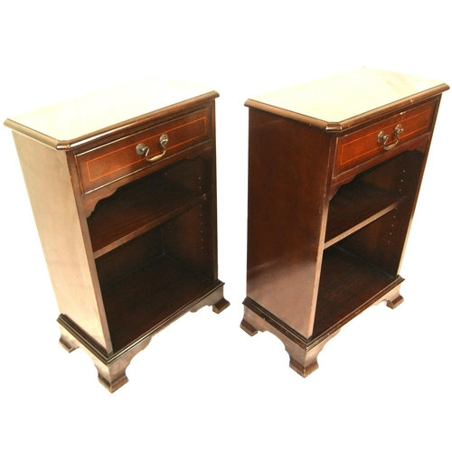 126 - Pair of inlaid mahogany bedside presses with frieze drawers, drop handles, adjustable shelving, on b... 