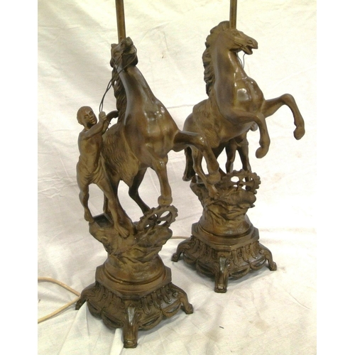 128 - Pair of Victorian style Spelter Marley horse & figure decorated electric table lamps with ornate bas... 