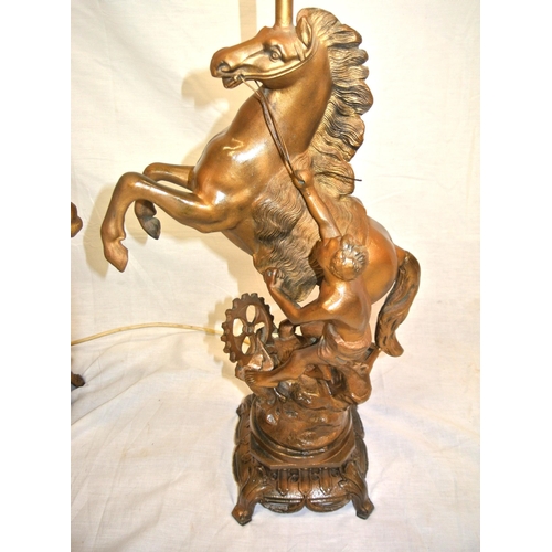 128 - Pair of Victorian style Spelter Marley horse & figure decorated electric table lamps with ornate bas... 