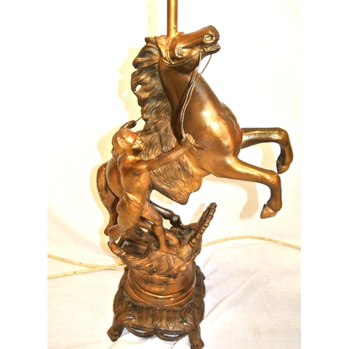 128 - Pair of Victorian style Spelter Marley horse & figure decorated electric table lamps with ornate bas... 