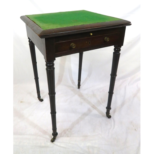 131 - Victorian mahogany card & games table with fold-over top, gameboard inset, frieze drawer, on turned ... 