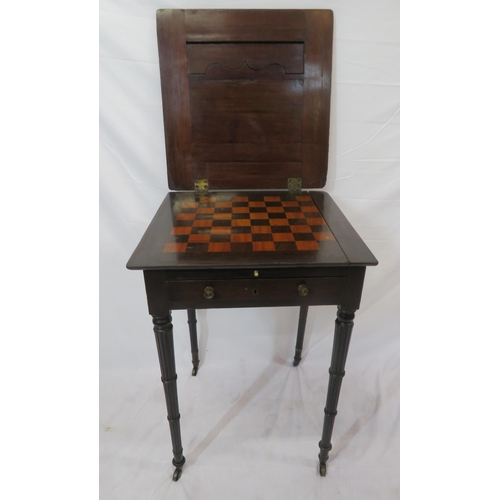 131 - Victorian mahogany card & games table with fold-over top, gameboard inset, frieze drawer, on turned ... 