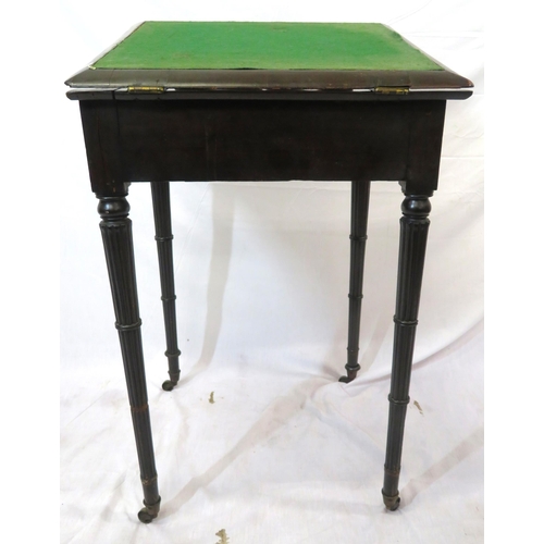 131 - Victorian mahogany card & games table with fold-over top, gameboard inset, frieze drawer, on turned ... 