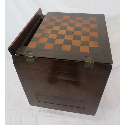 131 - Victorian mahogany card & games table with fold-over top, gameboard inset, frieze drawer, on turned ... 