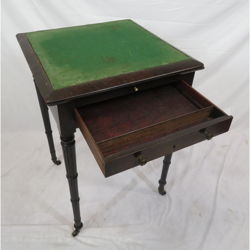 131 - Victorian mahogany card & games table with fold-over top, gameboard inset, frieze drawer, on turned ... 