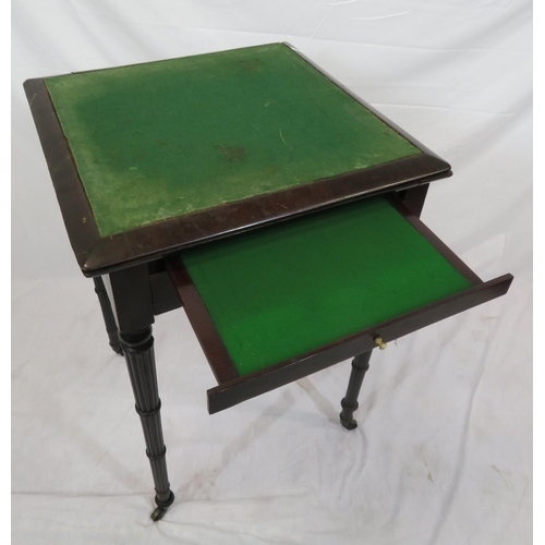 131 - Victorian mahogany card & games table with fold-over top, gameboard inset, frieze drawer, on turned ... 