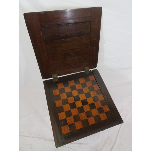 131 - Victorian mahogany card & games table with fold-over top, gameboard inset, frieze drawer, on turned ... 