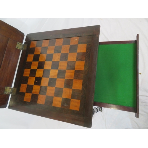 131 - Victorian mahogany card & games table with fold-over top, gameboard inset, frieze drawer, on turned ... 