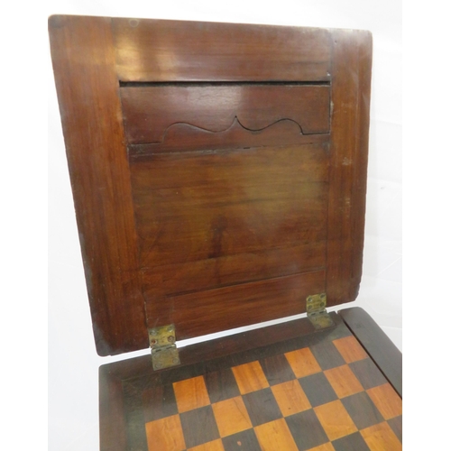 131 - Victorian mahogany card & games table with fold-over top, gameboard inset, frieze drawer, on turned ... 